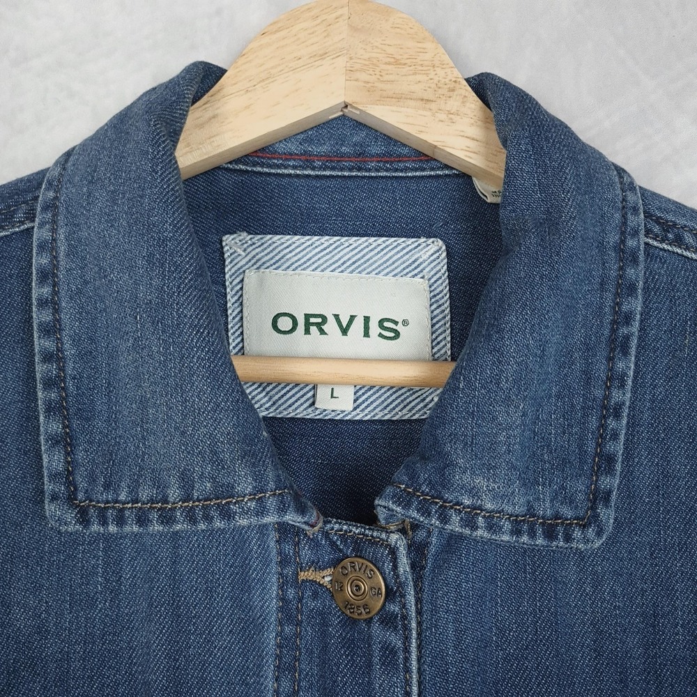 Orvis Field Shirt Jacket Womens Large Blue Denim Chore Military Utility Workwear - Picture 2 of 16